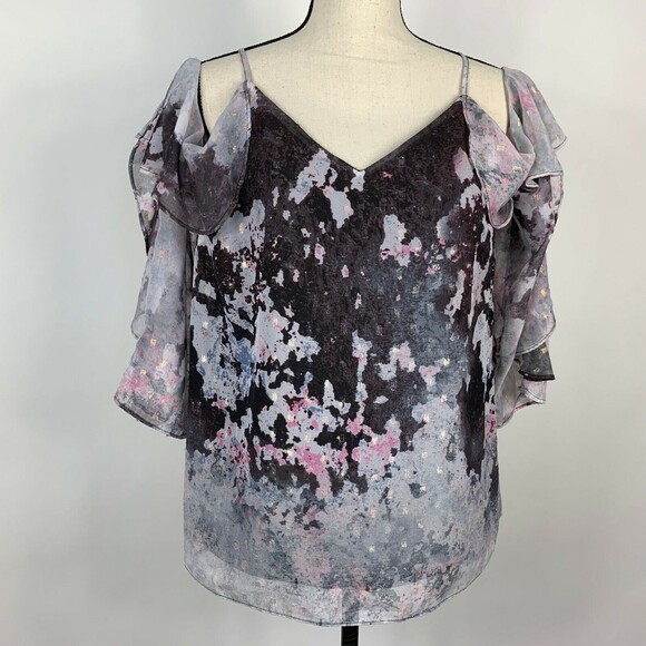 Bar III Blouse Women Medium Cold Shoulder Feminine Ruffles Muted Gray Pink - Picture 1 of 10